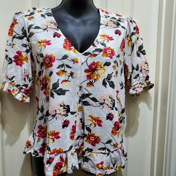 LUCKY BRAND Floral Boho Short Sleeve v-Neck Ruffled Blouse, Small - Picture 7 of 7